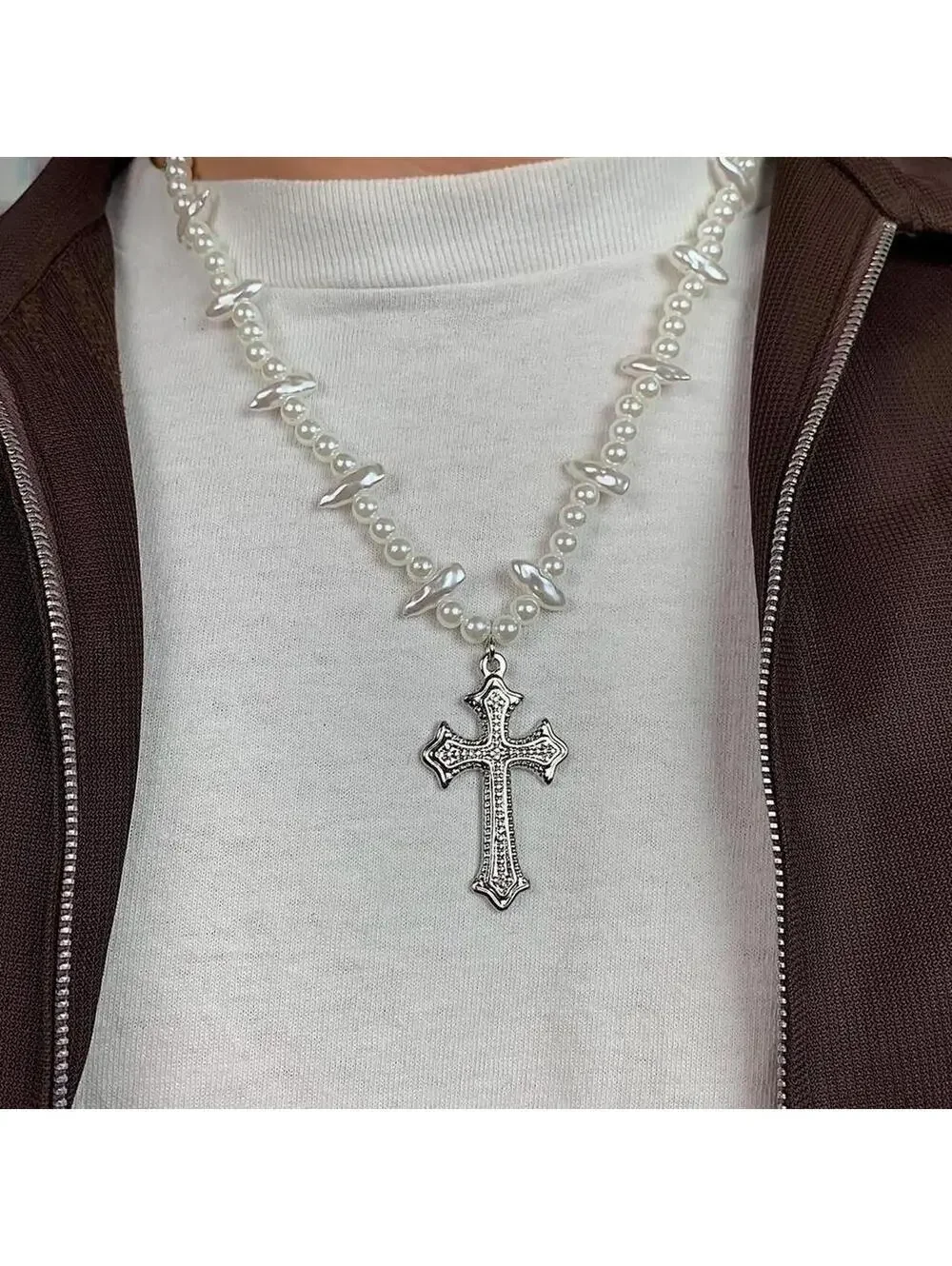 Cyber Grunge y2k Style Pearl Necklace with Gothic Silver Cross. 18-21 inches